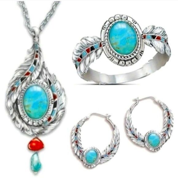 S925 Vintage ladies Feather boho style jewelry set SZ 8